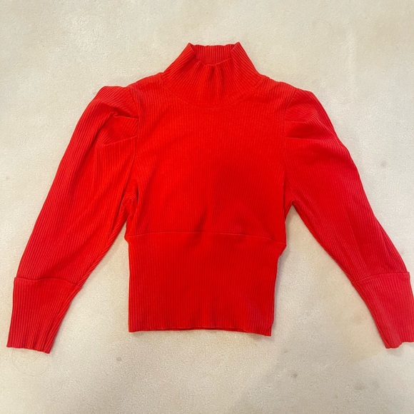 Free People Puff Shoulder Red Orange Mock Neck Top - Picture 3 of 4